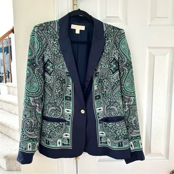 MICHAEL Michael Kors Green Paisley Blazer with Navy Trim - Picture 3 of 10
